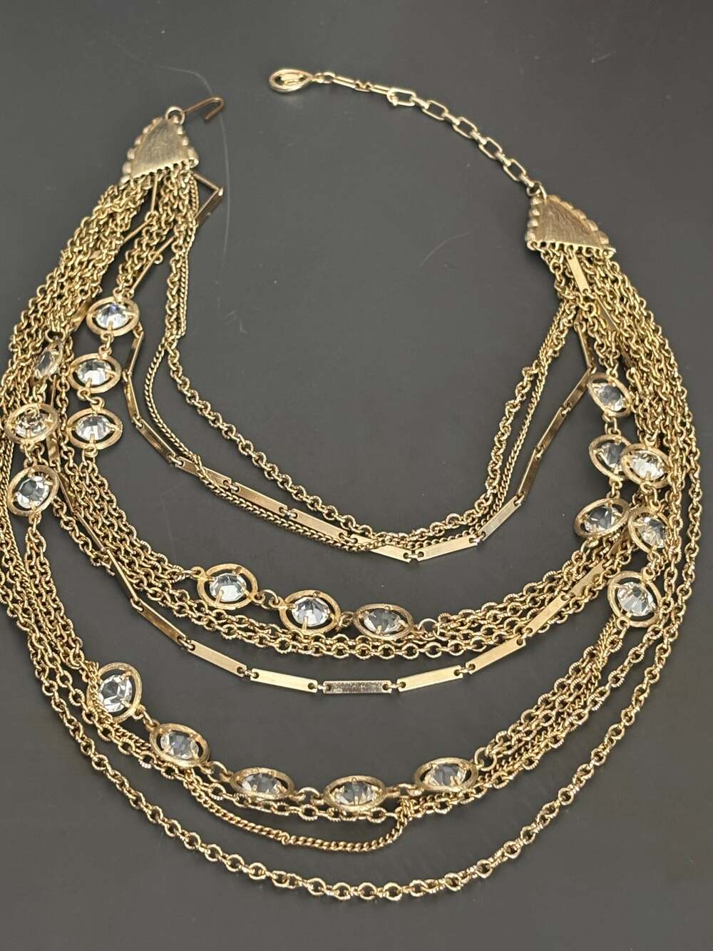 Vintage Coro Gold Tone Statement Necklace Multistrand Chains Bezel Set Crystals